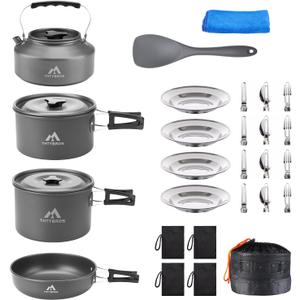 THTYBROS 27pcs Camping Cookware Mess Kit for 2-4 People, Portable Cookware Set with Kettle, Pots & Pans, Stainless Steel Utensils, Plates, Dishware for Backpacking, Picnic, Outdoor Adventures