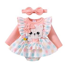 Baby Girl Clothes 12 18 Months Romper Infant Ruffle One Piece Cute Cat Cartoon Dress Fall Winter Long Sleeve Outfits with Headband Pink 12-18 Months