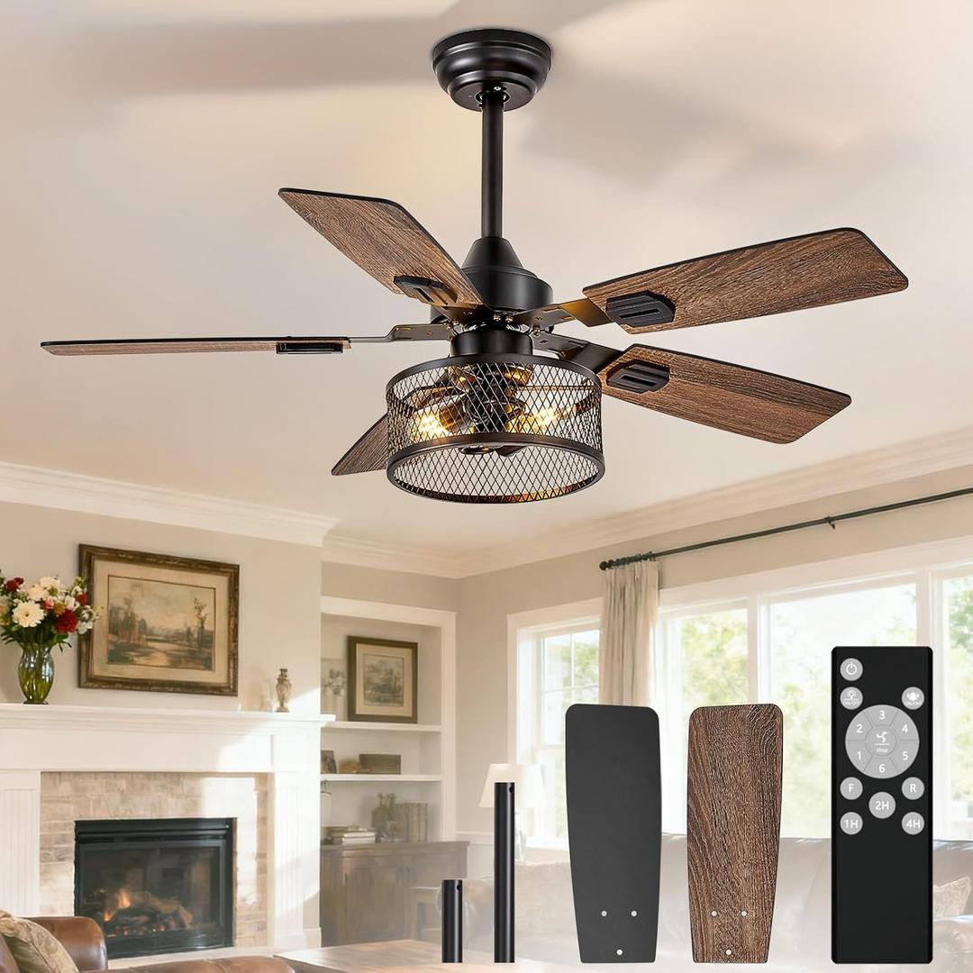 Depuley 42-Inch Ceiling Fans with Lights: Caged Ceiling Fans Dual Finish 5 Blades - Rustic Ceiling Fan with Remote Control for Industrial Living Room Outdoor Patio (E26 Bulb Included) (Black Walnut Cage 02)