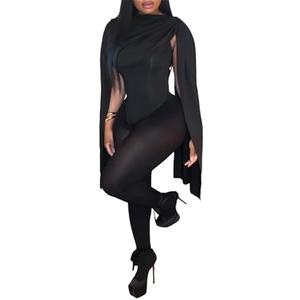Women's Sexy 2 Piece Outfits Ruched Crowl Neck Cape Sleeve Thong Bodysuit Top Sheer Stockings Club Jumpsuits L