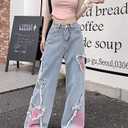 Y2K Baggy Ripped Jeans for Women Wide Leg Butterfly Print & Star Patch Distressed Denim Pants High Waist Streetwear (Blue) XL
