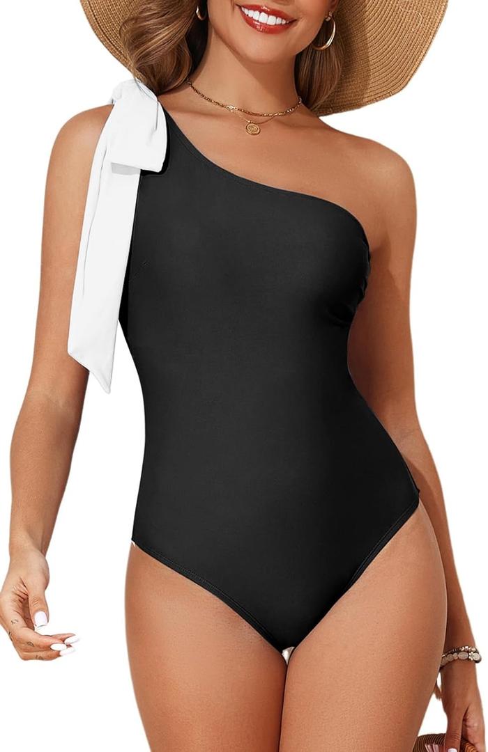 Herseas Women One Bow Shoulder One Piece Swimsuit Asymmetric Cutout Bathing Suit (Blue, S) Herseas Women One Bow Shoulder One Piece Swimsuit Asymmetric Cutout Bathing Suit (Blue, S)