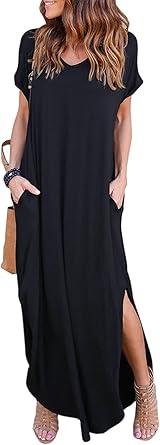 HUSKARY Women's Summer Maxi Dress Casual Loose Pockets Long Dress Short Sleeve Split Maxi Dresses