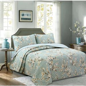 Cozy Line Home Fashions Aqua Teal Turquoise Floral Cherry Blooming 100% Cotton Reversible Quilt Bedding Set, Coverlet, Bedspread (Plum Blossom, Queen - 3 Piece)