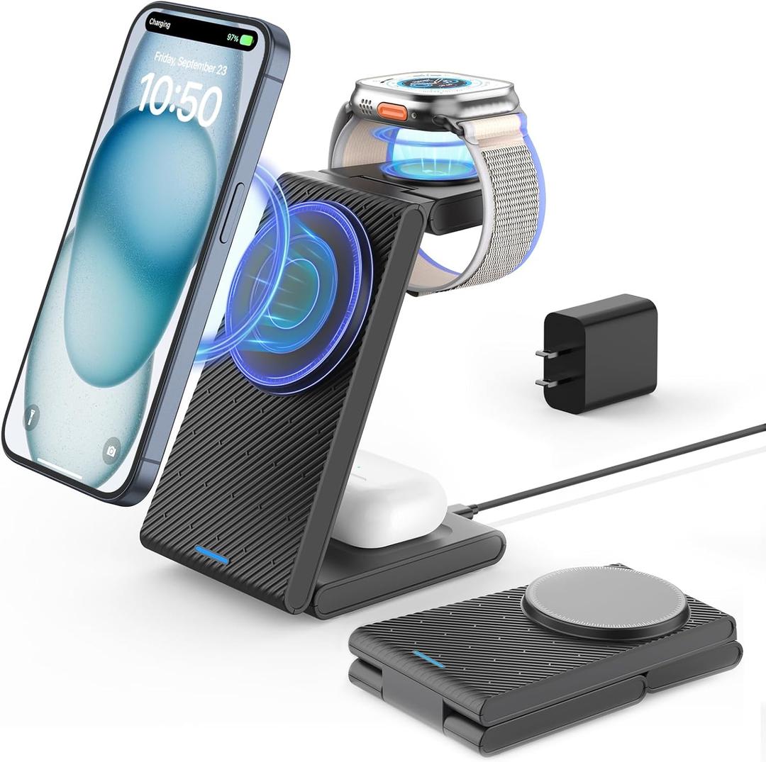 3 in 1 Wireless Charging Station, Foldable Magnetic Wireless Charger Stand for Multiple Devices, Wireless Charger for iPhone 16/15/14/13/12, Apple Watch 9/8/7/6/SE/5/4/3/2, AirPods 3/2/Pro (Dull Black)