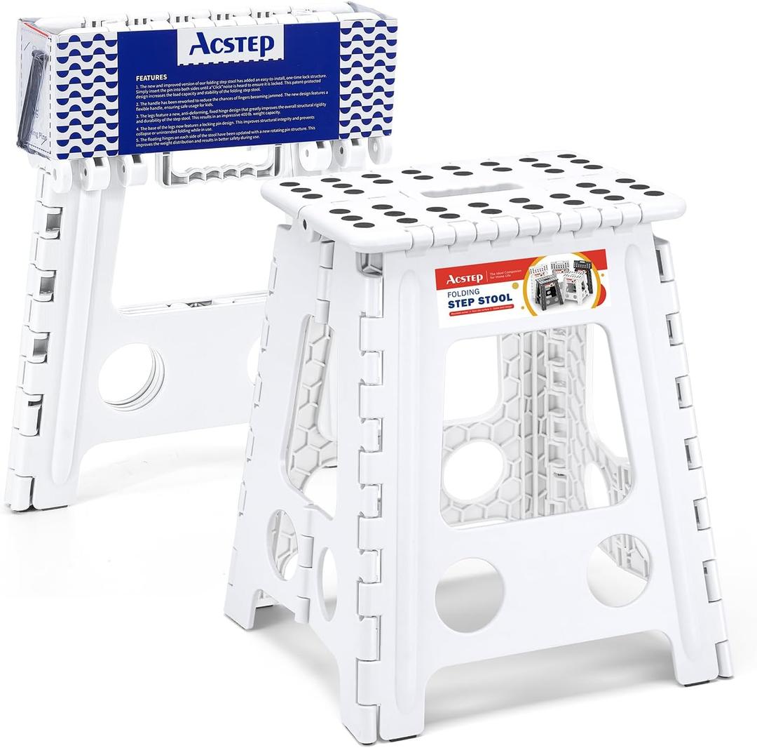 ACSTEP Folding Step Stool 16 Inch Heavy Duty Step Stool Foldable for Adults and Kids, Collapsible Stepping Stool with Handle, Non Slip Folding Stools for Kitchen Hold Up to 400lbs (White 1PC)