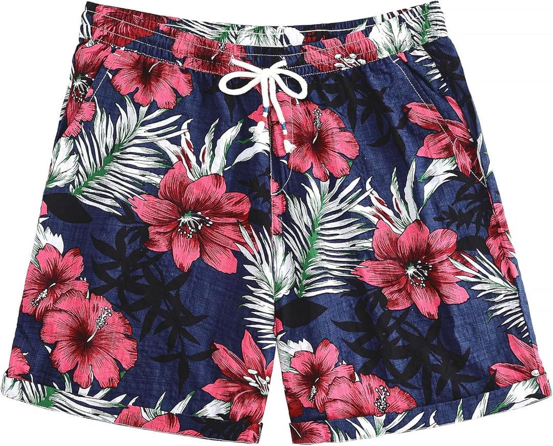 JOGAL Men's Hawaiian Beach Shorts Summer Casual Tropical Flower Flat Front Aloha Shorts with Pocket Navy XX-Large