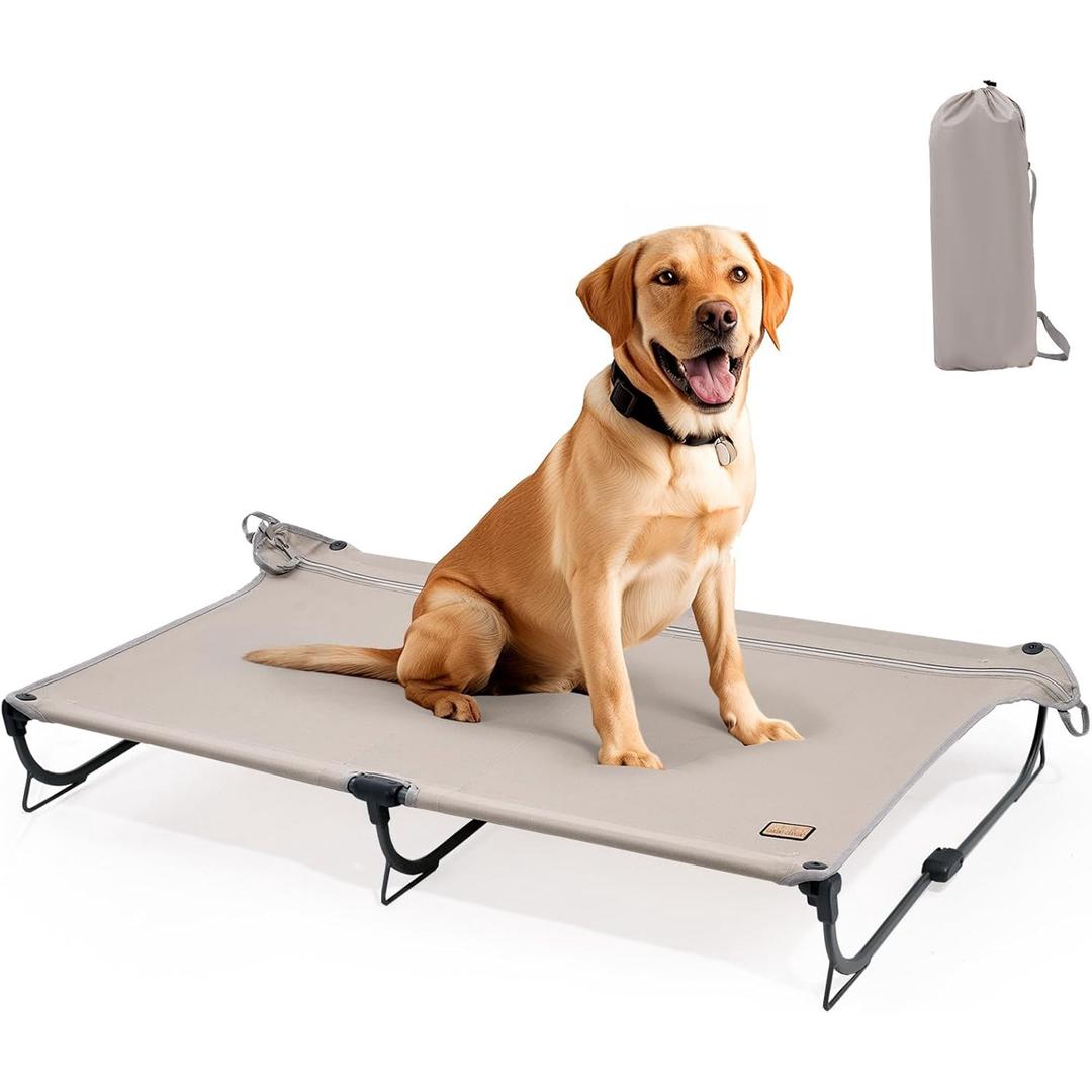 Daisy Cot, XL Foldable Elevated Dog Bed, Portable Raised Outdoor Folding Dog Cot, Cooling, Chew Proof, Waterproof, Heavy Duty Up to 160 lbs for Camping/Home, Brown, 49"x 33"x7"