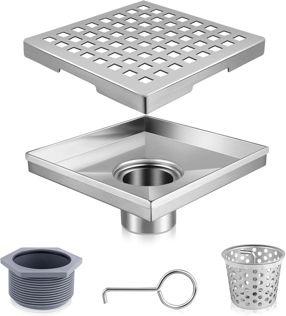 Boltigen Square Shower Drain, 304 Stainless Steel 4 inch Shower Floor Bathroom Shower Drain with CUPC Certified, Brushed Nickel 4'' Square Floor Drain, for Bathroom Toilet Washroom Drain Water (4 inch, Brushed)