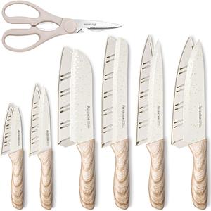 Astercook Knife Set, 13 Pieces Kitchen Knives Set with Ceramic Coating, Stainless Steel Chef Knife Sets with 6 Blade Guards, Dishwasher Safe Knives with Wooden Handle, White