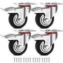 GBL Heavy Duty Castor Wheels with 4 Brakes + Screws - 75mm up to 200KG - Pack of 4 No Floor Marks Silent Caster for Furniture - Rubbered Trolley Wheels - Silver Castors