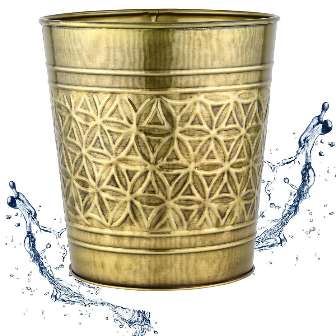Autumn Alley Handcrafted Brass Bathroom Trash Can, Round Open-Top Bathroom Wastebasket Stylish Metal Waste Bin for Home, Office, Bedroom Decorative Waste Basket Decor, Coastal Trash Can Brass, 2 Gal.
