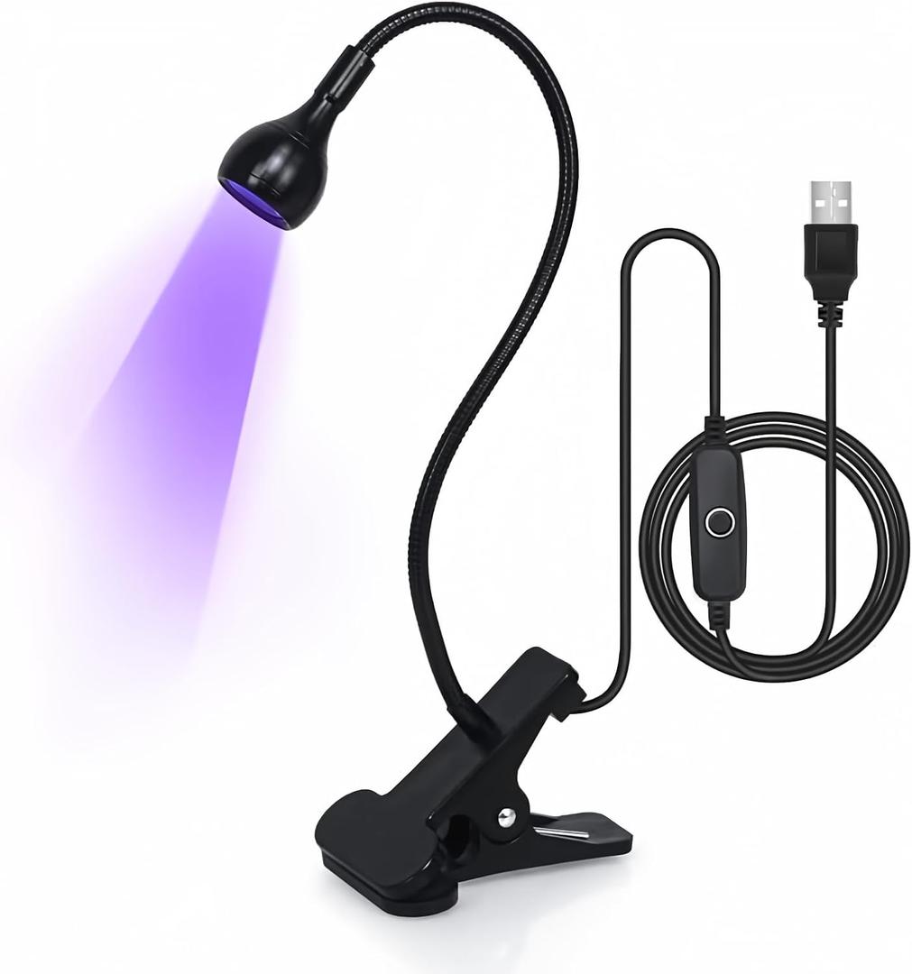 UV Light for Gel Nails 3W Mini UV Nail Lamp, with Gooseneck, 4 Levels Dimming, 365+395nm Wavelength, Portable Clamp with USB Charge, for Decoration DIY at Home Salon Manicure