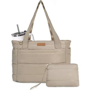 FHELAD Lightweight Puffer Tote Bag for Women, Quilted Shoulder Bag with Laptop Compartment, Travel, Work, School, Teacher | 15.6" Laptop Sleeve, Foldable Design, Cup Holder Pocket, Daily Carry On Bags