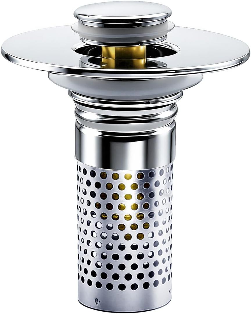 Bathroom Sink Drain Strainer, Pop-up Sink Drain Strainer with Removable Stainless Basket Hair Catcher, Bathroom Sink Stopper,1 Pack