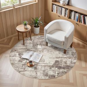 5FT Round Washable Area Rug - Abstract Soft Non-Slip Modern Low-Pile Carpet for Living Room Bedroom Office, Kid Pet Safe Robot Vacuum Friendly - Brown