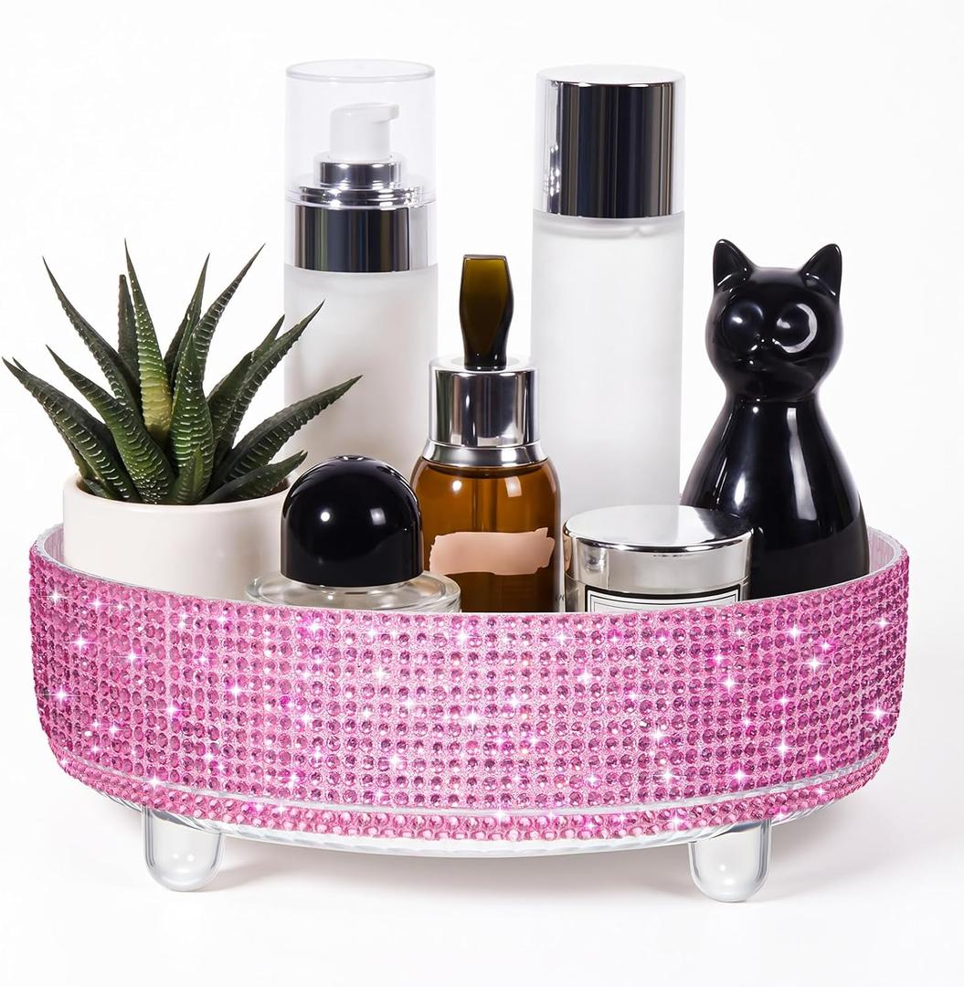 Pink Bling Perfume Makeup Organizer Bling Mother's Day Nurses Day Gifts for Women Bathroom Organizers and Storage 360 Rotating Makeup Organizer for Countertop(Resin Stone)
