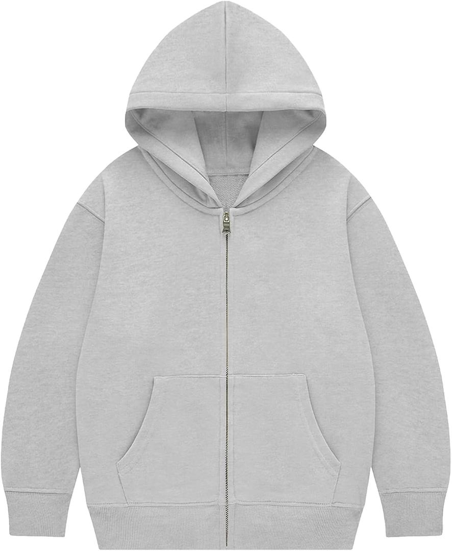 Flygo Unisex Boys Girls Hoodie Sweatshirt Full Zip Up Casual Long Sleeve Solid Jacket Kids Lightweight Outwear with Pockets (Large, Lightgrey)