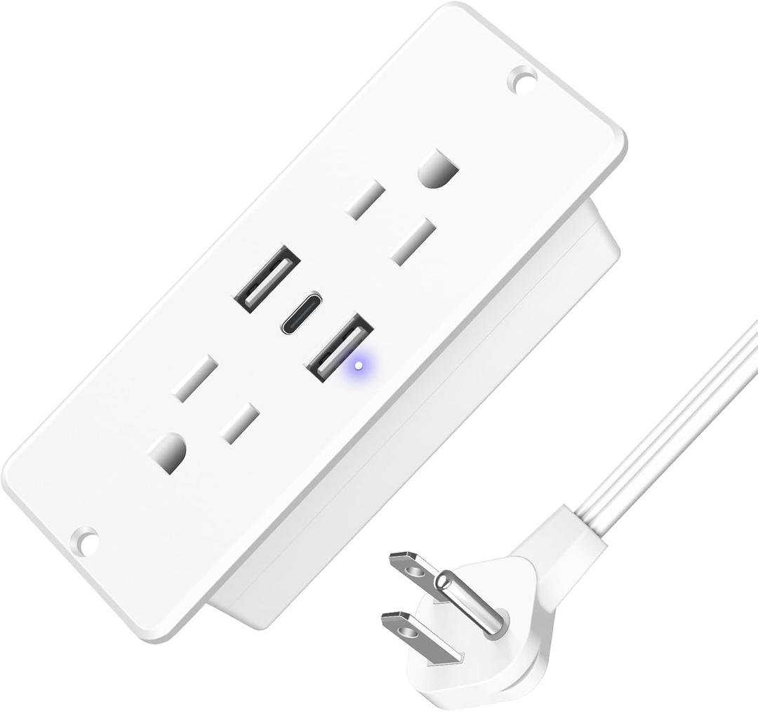 HHSOET 5 in 1 Recessed Power Strip Flat Plug, 20W Fast Charging Furniture Outlet with USB, Conference Recessed Socket with 2 AC Plugs, 2 USB Ports 1 USB-C, 10ft Power Cord. (White)