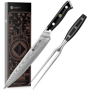Carving Knife Set 2PCS: Damascus Carving Knife and Fork Set, Carving Set for Turkey, Meat, BBQ, Brisket, Full Tang Slicing Knife with Christmas Elegant Box, G10 Handle