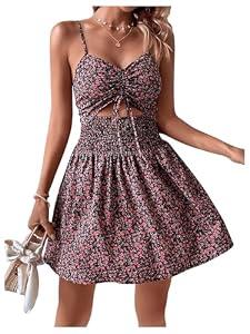 SOLY HUX Women's Summer Floral Print Dress Tie Front Cut Out Shirred A Line Flowy Cami Dresses Vacation Sundress Multicoloured Floral, Large