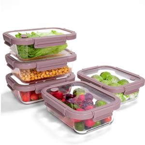 5-Pack Borosilicate Glass Containers with Tempered Lids, 35.2oz/4.4 Cup Airtight Meal Prep Set, Microwave/Freezer Safe (Pink)