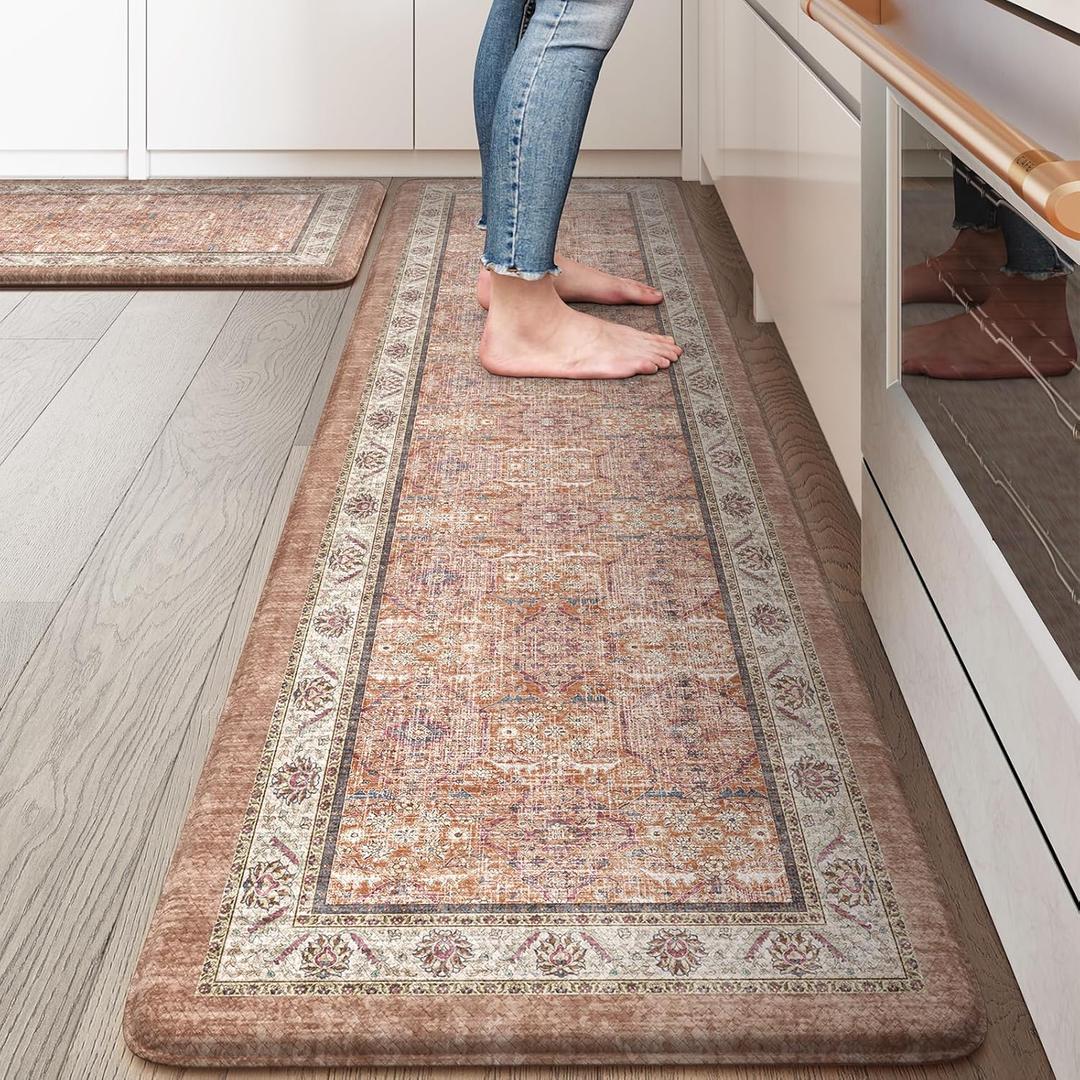 KIMODE Anti Fatigue Mats for Kitchen Floor, Farmhouse Kitchen Rugs Sets of 2, Cushioned Memory Foam Kitchen Mats, Comfort Standing Mats for Laundry, Office, Sink, Desk Orange Pink 17"x59"+17"x29"