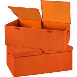 2 Pack Large Storage Boxes with Lids and Handles, Collapsible Linen Storage Bins Organizer Containers Baskets Cube with Removable Divider for Home Bedroom Closet Office (Orange, Small)