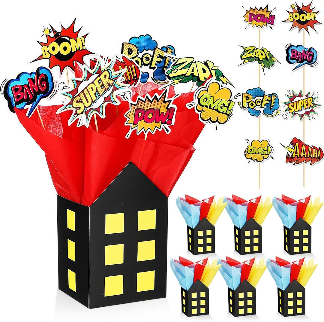 Soulchen 6 Sets 84 Pcs Hero Themed Party Centerpieces Decorations Hero Action Sign Table Toppers with City Box Circus Sound Effect Cutouts and Sticks for Shower Party Birthday Decor
