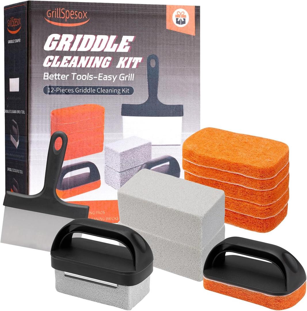Griddle Cleaning Kit for Blackstone,Flat Top Grill Cleaning Kit Tools for Outdoor,Griddle Cleaner Accessories Brush with Grill Stone Cleaning Brick, Griddle Scraper&Scouring Pads (12)
