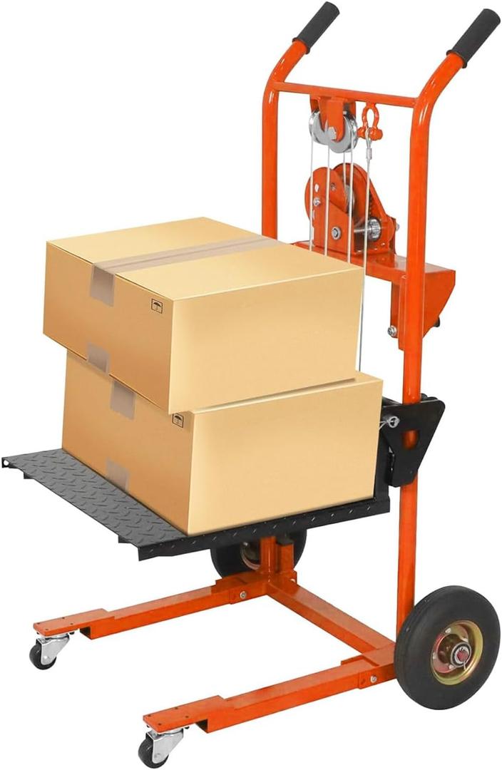 Material Lift Winch Stacker, 440 lbs Capacity Table Cart, 35.4" Lifting Height Manual Forklift Stacker, Pallet Jack Truck Dolly with Swivel Casters and Lift Plate (Orange)