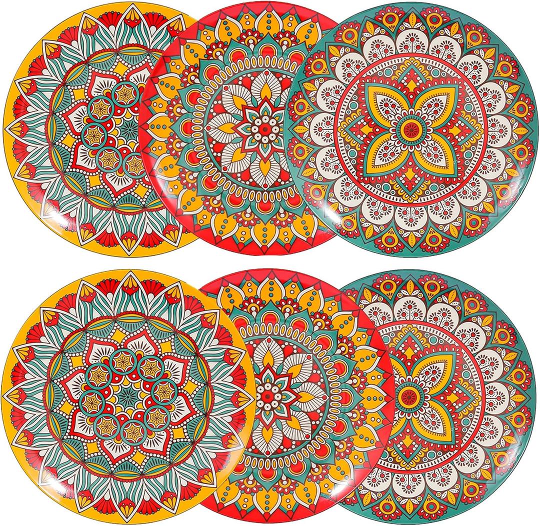 8" Ceramic Plates Set/Luncheon Dishes, Pasta Salad Plate Set, Serving Dishes for festival, Dinnerware Sets for 6, Dishwasher & Microwave Safe, Vibrant Colors