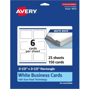Avery Printable Rectangle Cards, Sure Feed Technology, 2.5" x 3.5", Matte White Cardstock, Print-to-the-Edge, Laser/Inkjet Cards, 150 Total