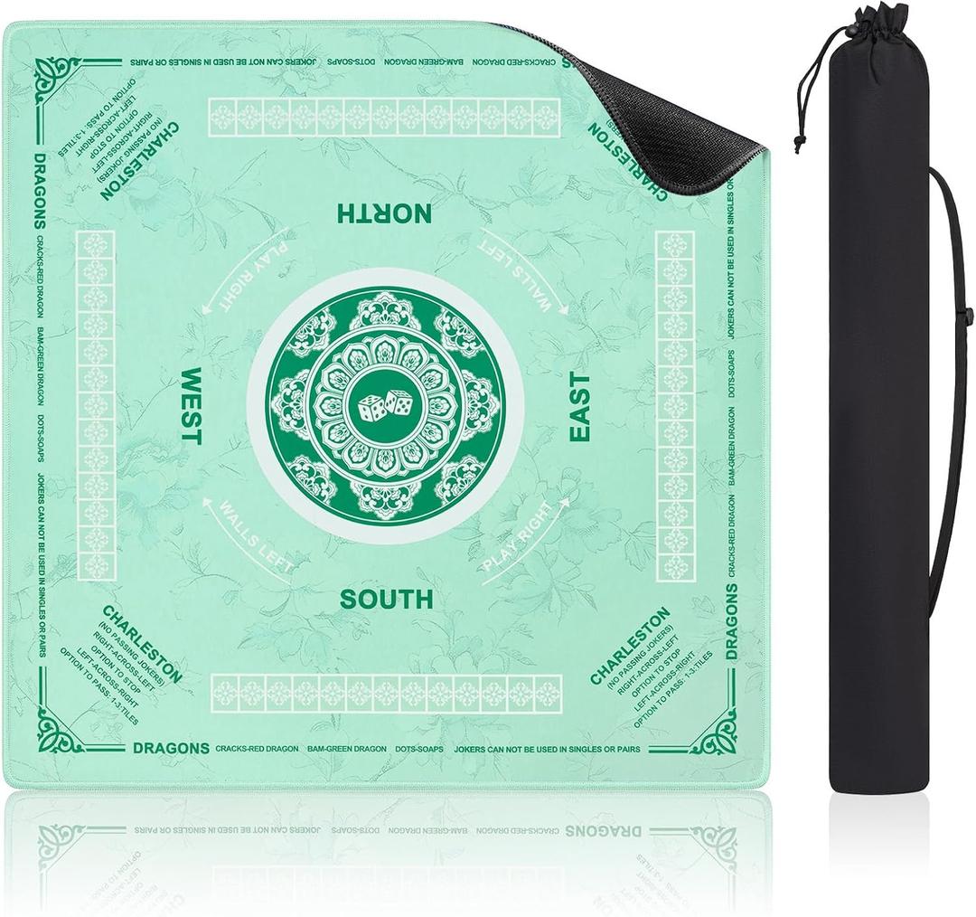 Mahjong Mat with Rules, 32.5"x32.5" Water Repellent & No-Crease American Mah Jongg Mat with Carry Bag, 3MM Noise Reduction Anti-Slip Rubber Backed Table Cover for Mahjong Games (Rolled Package, Green)