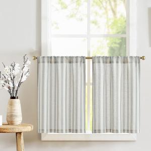 jinchan Striped Linen Kitchen Tier Curtain Farmhouse Cafe 30 Inch Small Window Balanced Stripe Half Window Curtains for Living Room Bathroom Laundry 2 Panels Blue on Beige
