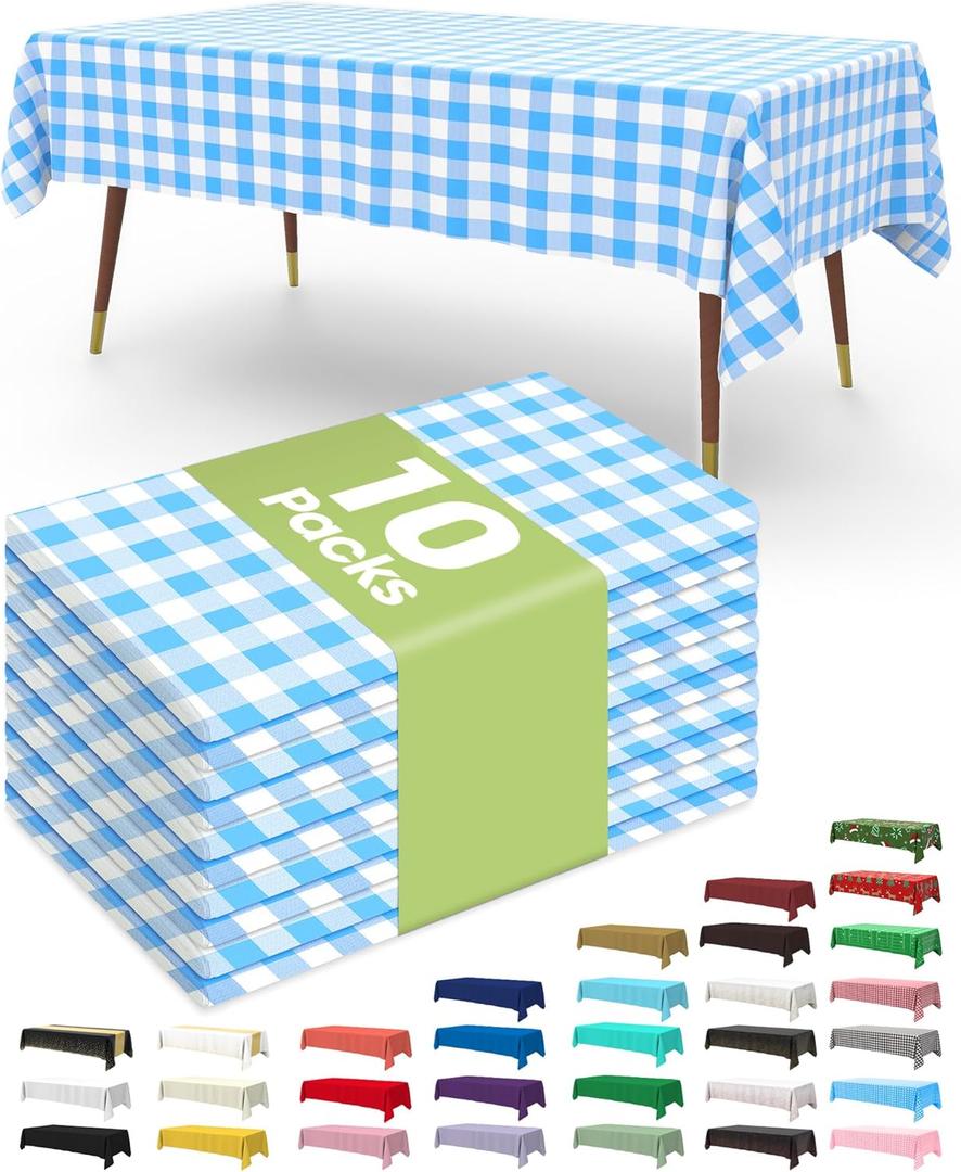 Pureegg Plastic Table Cloth Disposable 10 Pack, 54 x 108 Inch Table Cloths, Party, Picnic, Decorative Gingham Tablecloths, Rectangle, Blue and White Checkered Cover, Leakproof & Sturdy, Blue Plaid