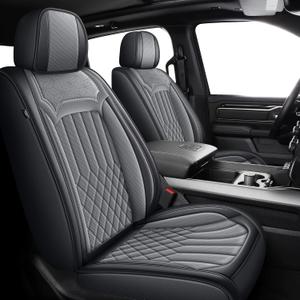 IKABEVEM Seat Covers Fit for Dodge RAM 1500 2002-2024: Custom Fit RAM 1500 2500 3500 Car Seat Cover Truck Pickup Crew Double Quad Cab Faux Leather(Curved Bench, Front Pair, Black&Grey)