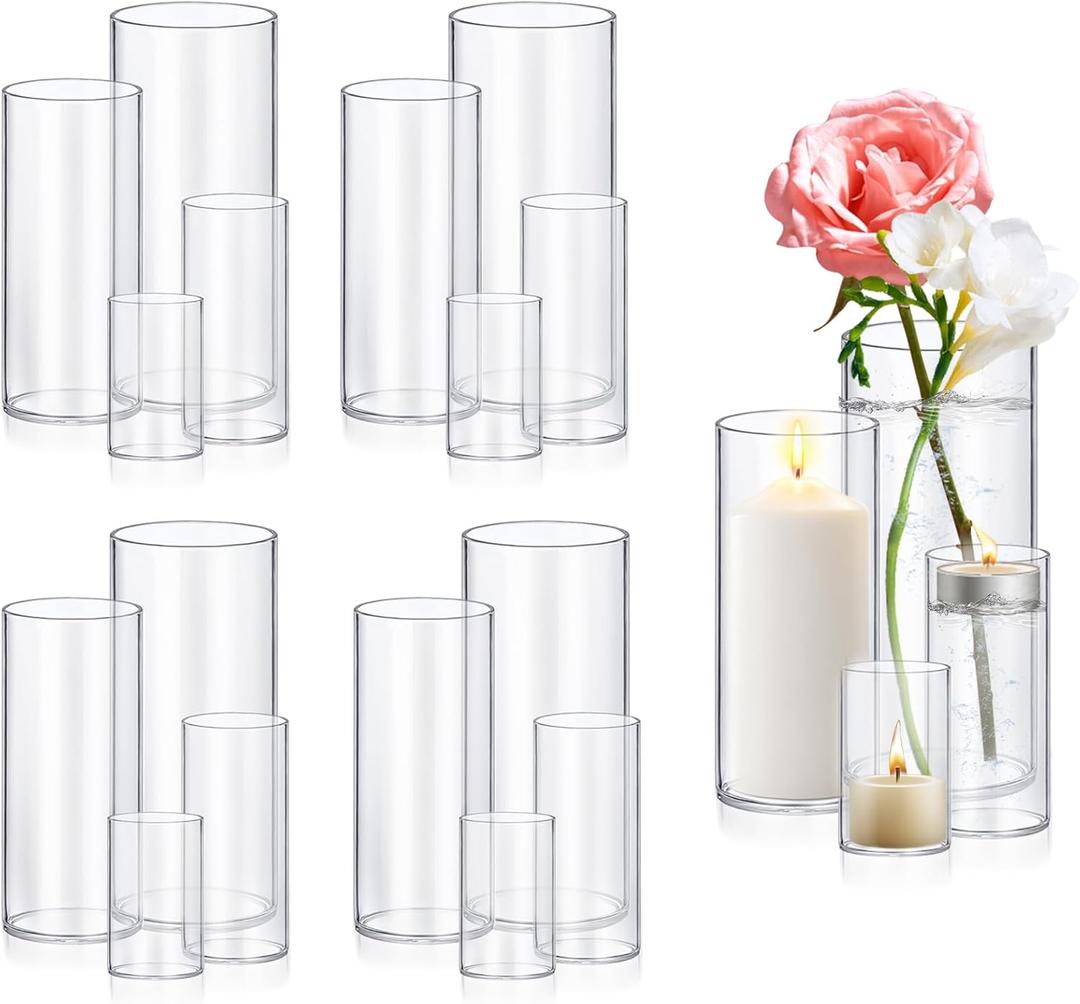 16-Pack Clear Glass Cylinder Vases, 4 Sizes (4/6/8/10 Inch) - Hurricane Floating Candle Holders & Flower Vases for Wedding, Table Centerpiece, Home Décor