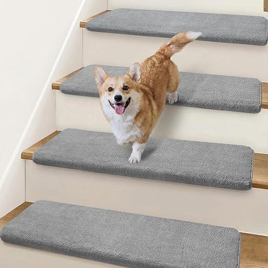 Ultra Plush Bullnose Carpet Stair Treads for Wooden Steps 9.5" x 32" | 14 Pcs Soft Stair Runner Rugs Indoor with Rounded Edge Protection, Residue-Free Non Slip Backing for Family, Pets, Blue Gray