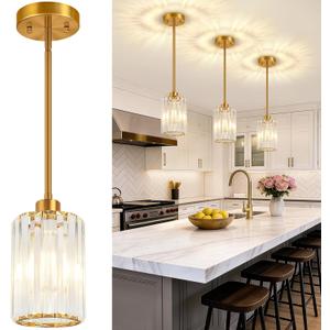 3 Pack Brushed Gold Pendant Lights Kitchen Island, Modern Crystal Chandelier Kitchen Pendant Lighting Over Island, Adjustable Hanging Mini Light Fixtures for Dining Room Hallway Corridor Bedroom
