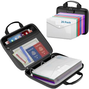 Binder Folders Organizer with 20 Pack Heavyweight Plastic Pockets,Fireproof File Folder Box with Lock,Zipper Binder Bag for Important Documents,Letter Size (Black)