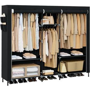 Portable Closet, 77.6 Inch Extra Large Capacity Wardrobe Closet with Cover, Clothes Storage Organizer with Shelves and 3 Hanging Rods, Easy to Assembly, Black PCT223B01