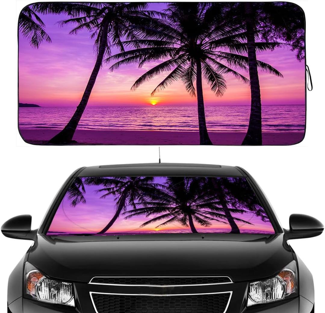 Gven Windshield Sun Shade, Car Front Window Shades Cute Sunshade Cover Sun Visor Shield Block Automotive Interior Protector Blocks UV Rays for Pickup Truck SUV Accessories (Sunset Purple), Large