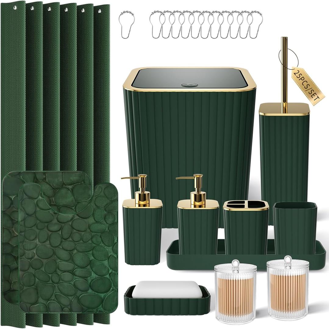 XLHOMO Bathroom Accessory Set - 25PC Green Bathroom Sets, Bathroom Set with Shower Curtain and Rugs, Dark Green Shower Curtain Set, Trash Can, Qtip Holder Dispenser & Soap Dispenser