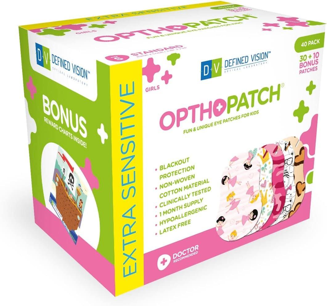 Opthopatch Kids Eye Patches - Fun Girls Design [Series I] - 30 + 10 Bonus Latex Free Hypoallergenic Cotton Adhesive Bandages for Amblyopia and Cross Eye - Reward Chart Poster by Defined Vision