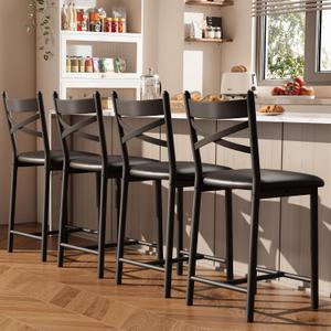 Garvee 26'' Bar Stools Set of 4 with Back and Thick Upholstered Cushion | Counter Height Bar Chairs, Dining Chairs with Padded Seat, Barstools for Kitchen Island, Bar, Dining Room, Modern Black