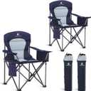GREEN PARTY Folding Camping Chair Oversized Heavy Duty Lawn Chair with Cooler Bag, Cup Holder, Storage Pocket, Collapsible Padded Outdoor Arm Chair, Quad Lumbar (2 Pack Blue)