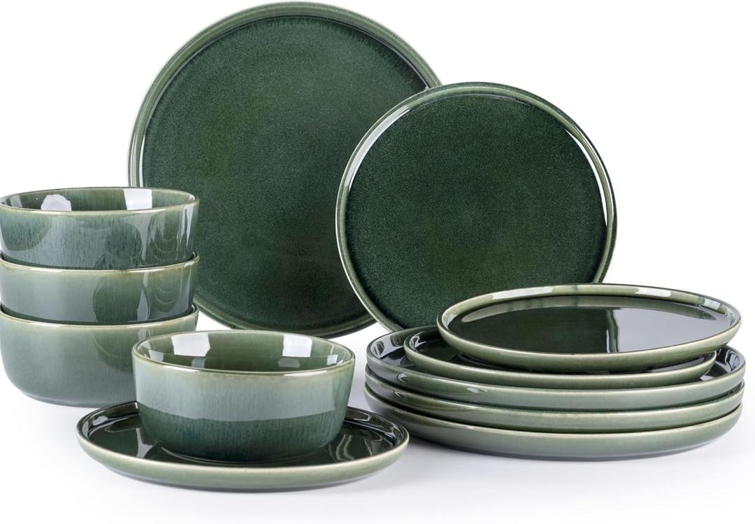 GBHOME Ceramic Dinnerware Sets for 4, 12 Pieces Stoneware Plates and Bowls Sets, Scratch Resistant Dishes, Dishwasher & Microwave Safe, Reactive Glaze-Earth Green