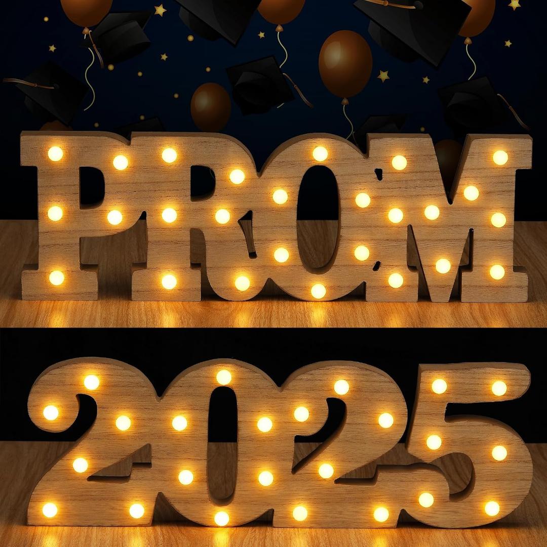 Rossesay 2 Pcs LED 2025 Prom Marquee Letters Signs Large Prom 2025 Letters with Lights Graduation Centerpieces for Tables Wooden Light up Signs Preschool Senior College Graduation Party Supplies