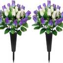 2 Sets Artificial Cemetery Flowers with Vase Memorial Flowers Bouquet & Heavy-Ground Spike Vases Fade-Proof, Windproof Grave Memorial Flowers for Cemetery Headstones Decoration (purple white)